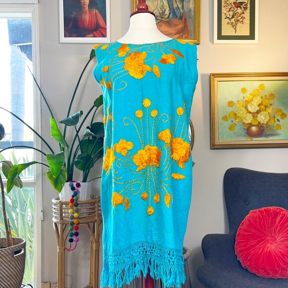 Vintage Boho Summer Shift Dress – Hand Embroidered Orange Floral with Fringe Hem - Picture 12 of 12